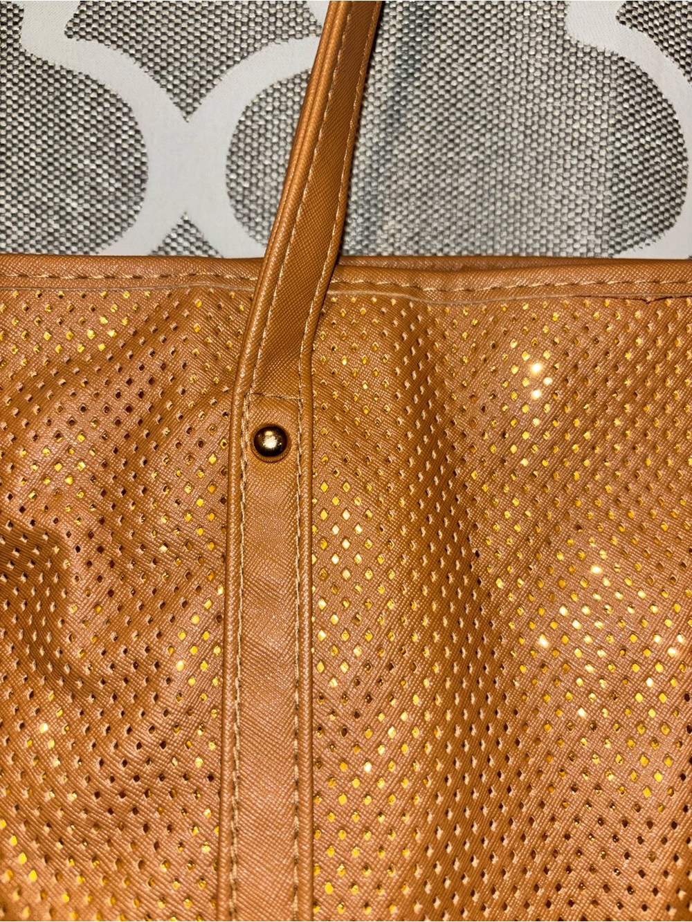 Perforated Metallic Tan Tote Bag with Gold Underlay